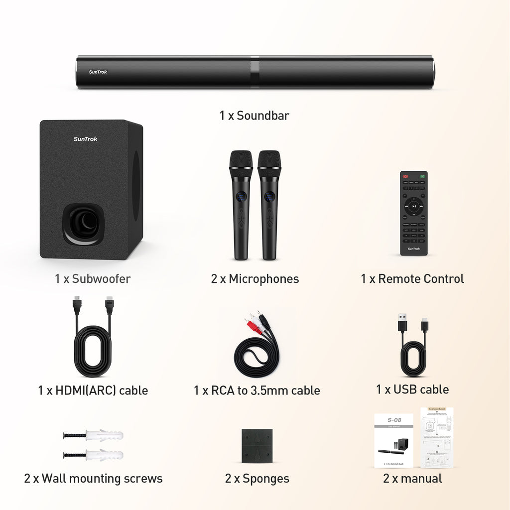 Karaoke Soundbar with Subwoofer for TV: Sound Bar with 2 Wireless Microphones - Home Theater Surround Sound System - Bluetooth Speaker with Remote Supports HDMI ARC/Optical/AUX/USB for TV/PC