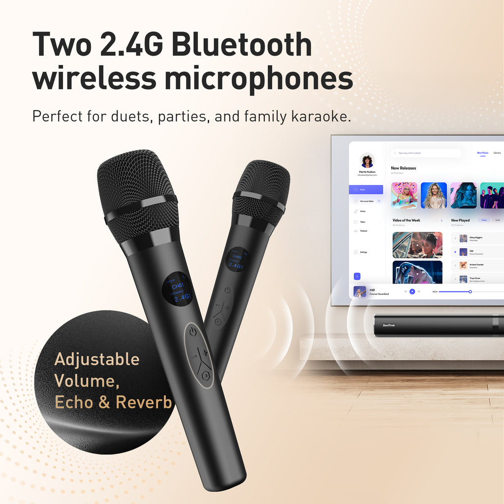 Karaoke Soundbar with Subwoofer for TV: Sound Bar with 2 Wireless Microphones - Home Theater Surround Sound System - Bluetooth Speaker with Remote Supports HDMI ARC/Optical/AUX/USB for TV/PC